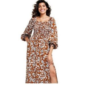 NWT - La Linge x Target Brown Floral Smocked Bodice Dress M